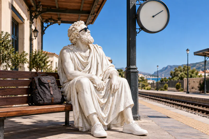 Pythagoras waiting on a station bench under a large clock