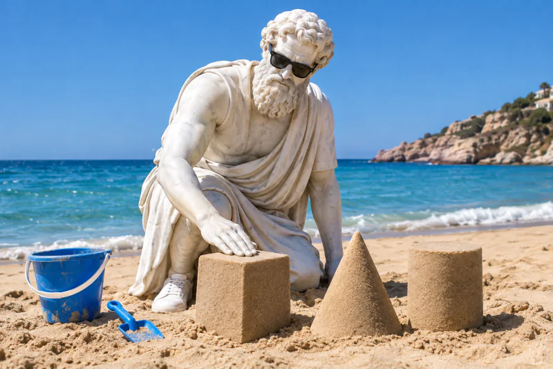 Pythagoras building a cube, a cone and a cylinder out of sand on the beach