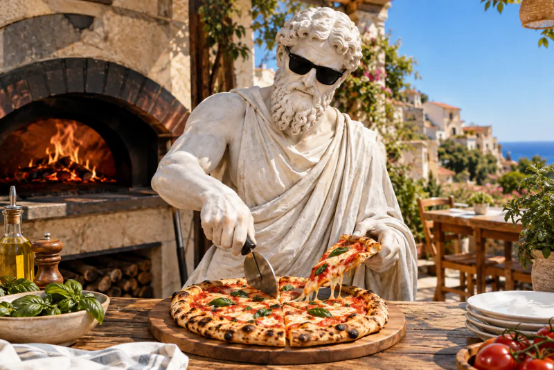 Pythagoras cutting a pizza into eight equal slices
