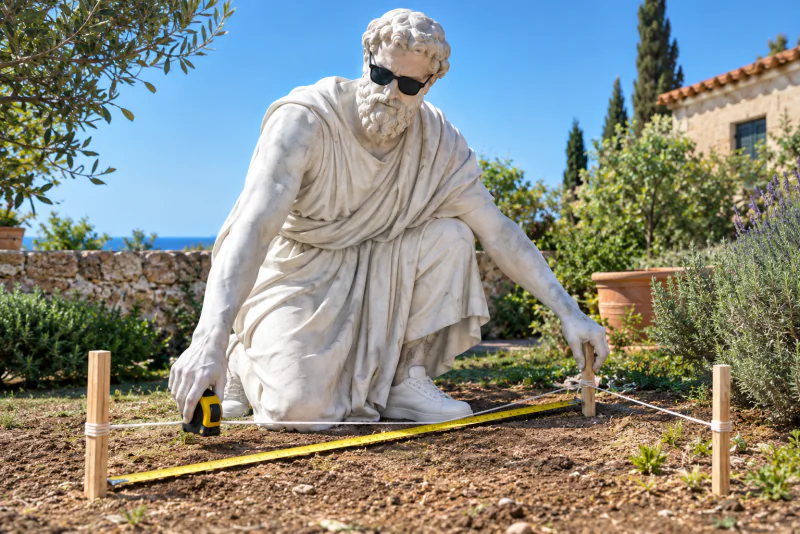 Pythagoras marking out a right-angled corner with stakes and string