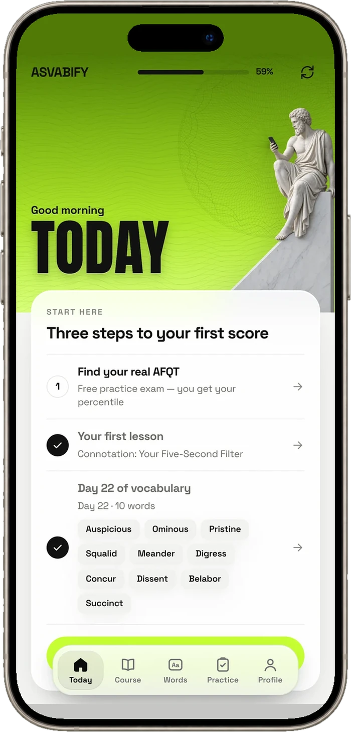 The ASVABIFY app on a phone: the Today screen with three steps to your first score — your real AFQT, your first lesson and today's vocabulary.